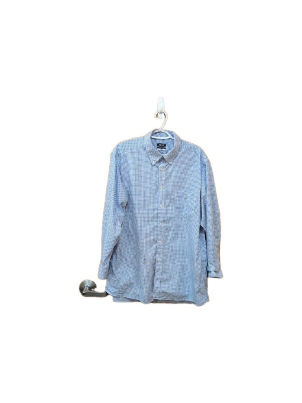 IZOD Shirt Mens XL 17 32-33 Regular Fit Blue White Long Sleeve Plaid Stretch